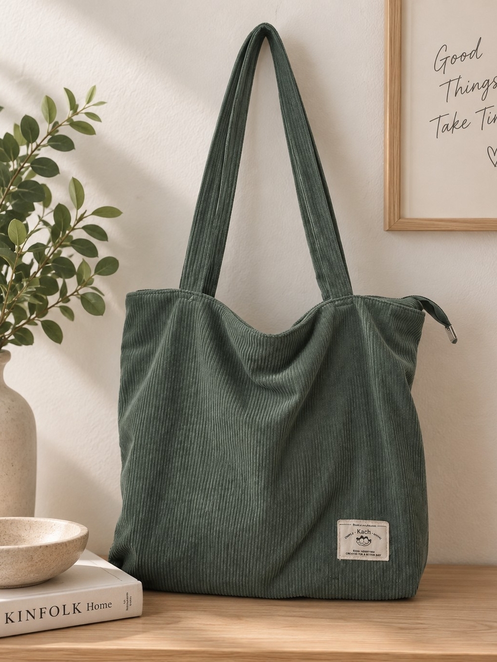 Corduroy Tote Bag in Forest Green - Casual Everyday Shoulder Bag